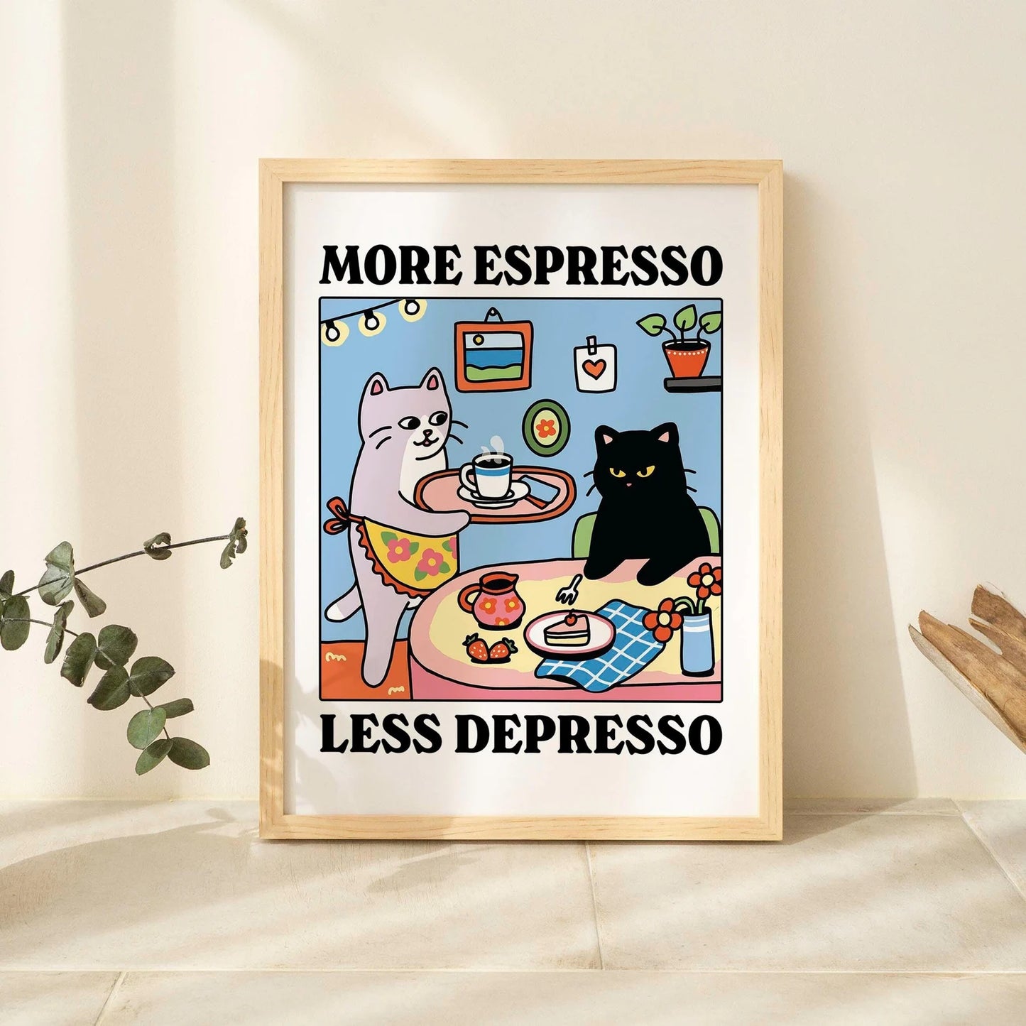 More Espresso Less Depresso Black Cat Wall Print