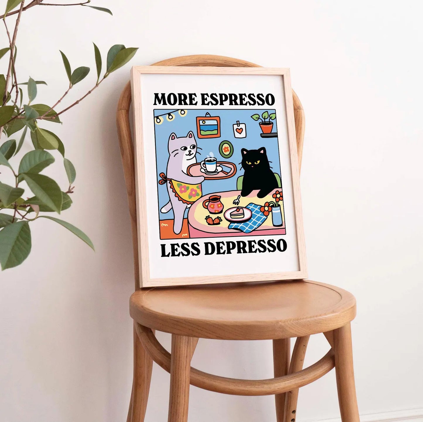 More Espresso Less Depresso Black Cat Wall Print